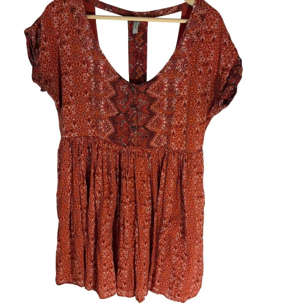 Free‎ People Sundown Orange Aztec Tribal Print T-Back Babydoll Mini Dress Medium